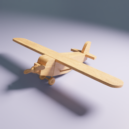 "A photorealistic 3D model of a Piper Club airplane made of wood, created using Blender 3D. The model features volumetric diffuse shading, smooth lighting from the upper left, and wooden supports. Perfect for any aviation or art enthusiast's collection."