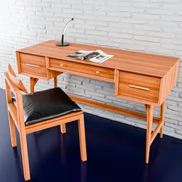 High-quality, low-poly 3D model of a wooden desk with PBR materials, designed in Blender, suitable for close-up renders and animations.