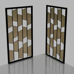 "Metal partition with unique trapezoid glass doors, ideal for interior decoration. Detailed bronze fences and stone walls, floor lamps, and soft translucent fabric folds add an artistic touch. Created with Autodesk Inventor and available as a Blender 3D model on BlenderKit."