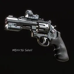 Alt text: "A highly detailed and realistic revolver 3D model for Blender 3D. Perfect for equipment category projects. Industry ready with attachments and textures. Created using 3DS Max by Ambreen Butt in a HR Giger art style."