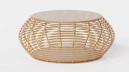 Detailed 3D render of a woven rattan coffee table model designed for Blender, showcasing intricate textures and patterns.