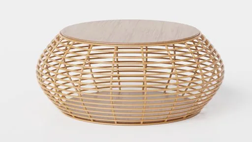 Detailed 3D render of a woven rattan coffee table model designed for Blender, showcasing intricate textures and patterns.