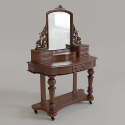 "Antique Victorian Dressing Table 3D Model for Blender 3D - features swing mirror, jewelry drawers, and intricate design perfect for period scenes. High quality 8k resolution and detailed enough for close-ups. Ideal for art station, mobile game asset, or as a resolute desk in 2DCG."