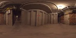 360-degree HDR panorama of a vintage cellar with arched ceiling and wooden doors, realistic lighting for 3D scenes.