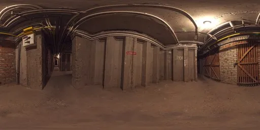 360-degree HDR panorama of a vintage cellar with arched ceiling and wooden doors, realistic lighting for 3D scenes.