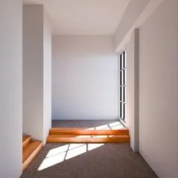 Realistic blender 3D modeled hallway, featuring natural light casting shadows on stairs and floor.