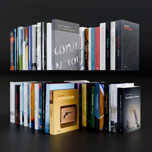Detailed 3D book stacks, optimized for Blender, featuring unique cover designs for virtual shelf staging.