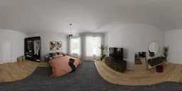 Spacious well-lit bedroom HDR with modern decor and large windows for realistic scene lighting.