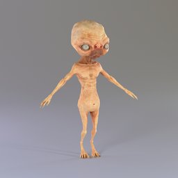 Highly detailed Blender 3D alien model with large eyes and slender body for animation and rendering.