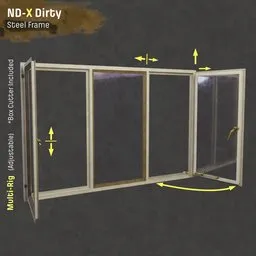 "3 Panel Steel Frame Window - ND-X Dirty - Adjustable, Mirrored on Y axis. Best rendered in Cycles. Comes with controllers to adjust size, midsections, handle height, and individual window openings. Inside and outside colors can be changed separately, and putty color can be adjusted to appear painted and damaged. Spiral mapping is used to avoid texture repetition."