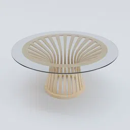 High-quality 3D model of contemporary round wood table with glass top, rendered using Blender 3D software.