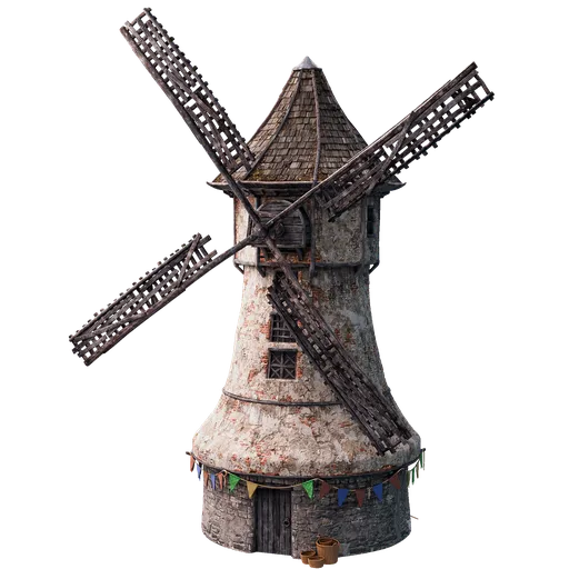 Detailed 3D model of an animated medieval windmill, ready for Blender 3D compositions.