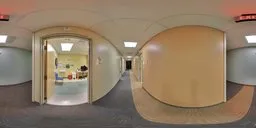 360-degree HDR panorama of a well-lit hospital corridor with a warm ambience for realistic scene lighting.