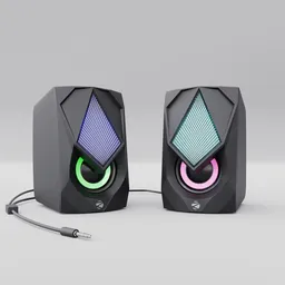 "ZEBRONICS Zeb-Warrior II 3D audio model in stylized synthwave colors, featuring two speakers connected by a cable on a table with glowing owls, precise geometric faces, and a yin-yang shape. Editors' choice design inspired by Johann Gottfried Steffan. Lights are not animated, but colors can be manually adjusted."