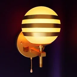 "Modern gold metal wall lamp with 2 bulb shaders for on and off states, including extras like a switch and lighting rope. High-quality Blender 3D model with editable modifiers and removable logo. Perfect for contemporary home or commercial design."