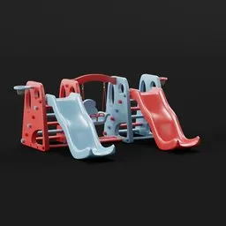 "High-quality 3D model of swings and slides in a playground, suitable for Blender 3D software. Perfect for hiring 3D artists, this set features three colorful plastic slides and offers a fun addition to any home or park environment. Created in 2019, this model guarantees a realistic and visually appealing experience."