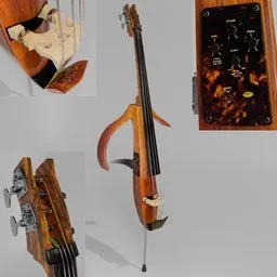 "Electric double bass Yamaha SLB 300 PRO Silent in cocobolo wood for jazz enthusiasts. 3D model with realistic textured skin, ideal string length of 1040mm, and multiple views. Made using Blender 3D software."