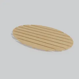 "Oval-shaped plywood bathroom mat or duckboard 3D model for Blender 3D software. Inspired by Per Kirkeby and Ikea manual design, with wooden slats and aspect ratio of 1:3. Perfect for adding a natural touch to your bathroom design."