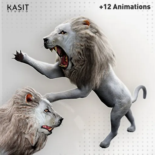 3D animated white male lion model with various poses and high-quality PBR textures for Blender.