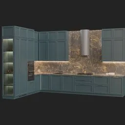 Detailed Blender 3D kitchen model with cabinets, countertops, rendered in Cycles, available in .blend format.
