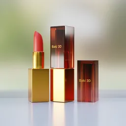 High-quality 3D rendered lipstick with gold packaging against a blurred background.