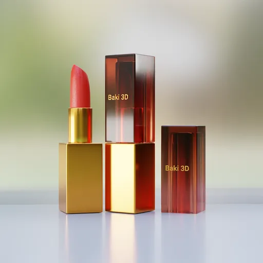 High-quality 3D rendered lipstick with gold packaging against a blurred background.