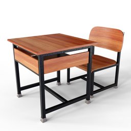 Detailed 3D model of a wooden classroom desk with attached chair, tailored for Blender, high-quality rendering.