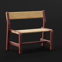 Detailed 3D rendering of a dark red and beech children's bench, optimized for Blender.