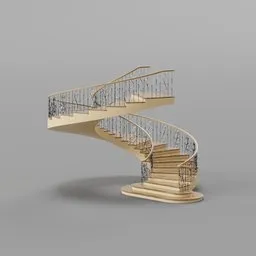 Alt text: "Wallander spiral staircase 3D model for Blender 3D - 24+2 marble stairs, turning angle 345 degrees, with elegant railing and handrail. Detailed woodwork and screens, suitable for Cartier-style designs."