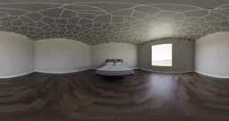 Realistic lighting HDRI of a modern bedroom with geometric ceiling design and wooden floor for 3D scene illumination.