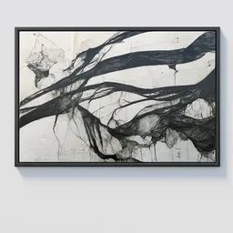 3D rendered abstract black and white brush strokes art, suitable for modern interior design visualization.