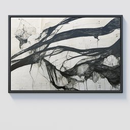 "Abstract oil painting on canvas for modern decor in living rooms or bedrooms - 3D model for Blender 3D. Featuring a black and white tree with a bird, intricate fibers and connecting lines, inspired by artists James Jean and Yoji Shinkawa. Trending on ArtStation and created by artist Carol Bove, with additional elements such as diagrams and banknotes."