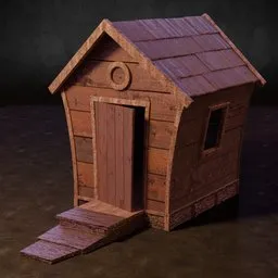 "Realistic wooden dog house with ramp and door, inspired by Charles H. Woodbury. Created using highly detailed ZBrush rendering, and fine stippled lighting for added texture. Perfect for Blender 3D model enthusiasts. Please rate this work if you like it."