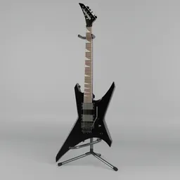 Detailed Blender 3D render of a black electric guitar with dual pickups, on a stand, designed for realism and detail.
