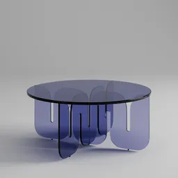 Modern 3D-rendered coffee table with customizable color, showcasing sleek glass/acrylic design in a minimalist setting for Blender 3D artists.