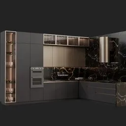 Modern 3D kitchen model with marble counters and stylish cabinets, designed in Blender, showcasing realistic textures and lighting.