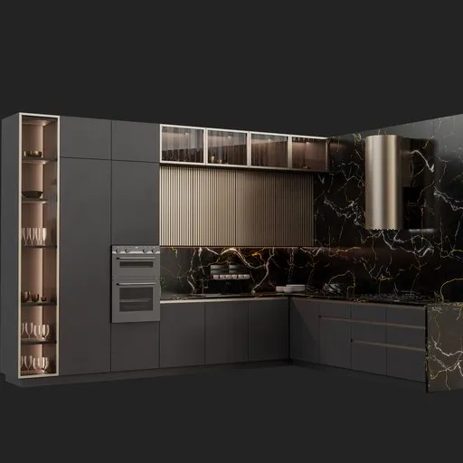 Modern 3D kitchen model with marble counters and stylish cabinets, designed in Blender, showcasing realistic textures and lighting.