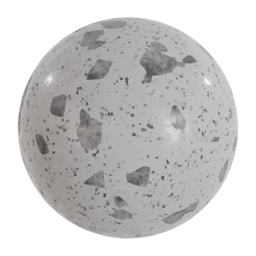 High-resolution terrazzo white PBR texture for 3D Blender flooring with grey speckles ideal for realistic architectural visualization.