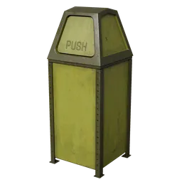 Detailed realistic 3D model of a worn yellow trash can with a push flap, suitable for Blender urban scene rendering.