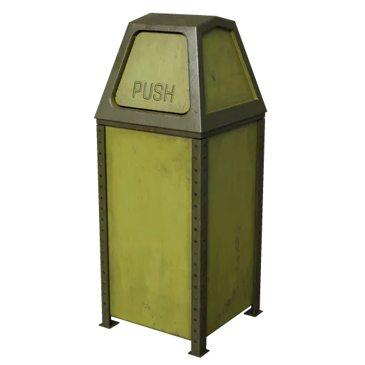 Detailed realistic 3D model of a worn yellow trash can with a push flap, suitable for Blender urban scene rendering.