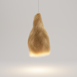 "Minimalist Fur Pendant Lamp rendered in Blender 3D, featuring hyper-realistic fur and a hanging string design. Simulating a tropical yute lamp, this unique product design is inspired by Antoni Pitxot and uses a normal particle system for its furry texture."