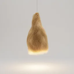 "Minimalist Fur Pendant Lamp rendered in Blender 3D, featuring hyper-realistic fur and a hanging string design. Simulating a tropical yute lamp, this unique product design is inspired by Antoni Pitxot and uses a normal particle system for its furry texture."
