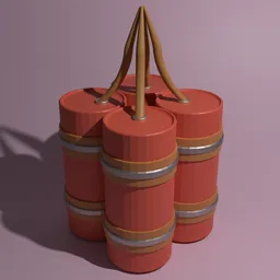 "Stylized low poly 3D model of Dynamite rendered in Arnold engine with brown and magenta color scheme. Features three explosive barrels with handles and a wooden handle. Perfect for historical military and hazardous material themed projects in Blender 3D."
