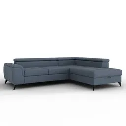 High-quality 3D model of a navy blue L-shaped corner sofa with sleek black legs, ideal for Blender 3D projects.