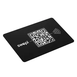 Detailed 3D rendering of a black PVC card with QR code and NFC icon, compatible with Blender modeling.