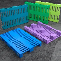 "Lowpoly agriculture plastic pallet with variable colors for Blender 3D. Stacked plastic crates on top of each other, with a product render featuring lime and violet colors. Photorealistic screenshot on floor grills, reducing duplication interference."