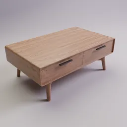 Realistic wooden coffee table 3D model with drawers, rendered in Blender, for interior design.