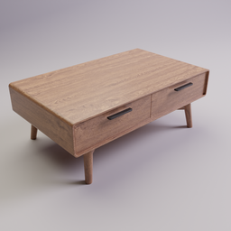 "Castlery Coffee Table with Two Drawers - 3D Model for Blender 3D. Inspired by Johan Lundbye and designed with 70s style, this wooden table features simple yet detailed design with depth blur effect. Rendered in Enscape, this table fits perfectly in any living space."