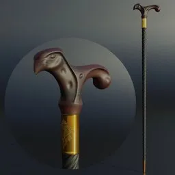 "Highly detailed 3D model of a walking cane with a carved handle, inspired by Chen Hongshou and featuring a bird head design. Textured with luxury details and perfect for exercise enthusiasts. Created in Blender 3D software."