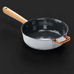 Realistic 3D model of a frying pan with a copper handle, suitable for Blender rendering and kitchen scene visualizations.